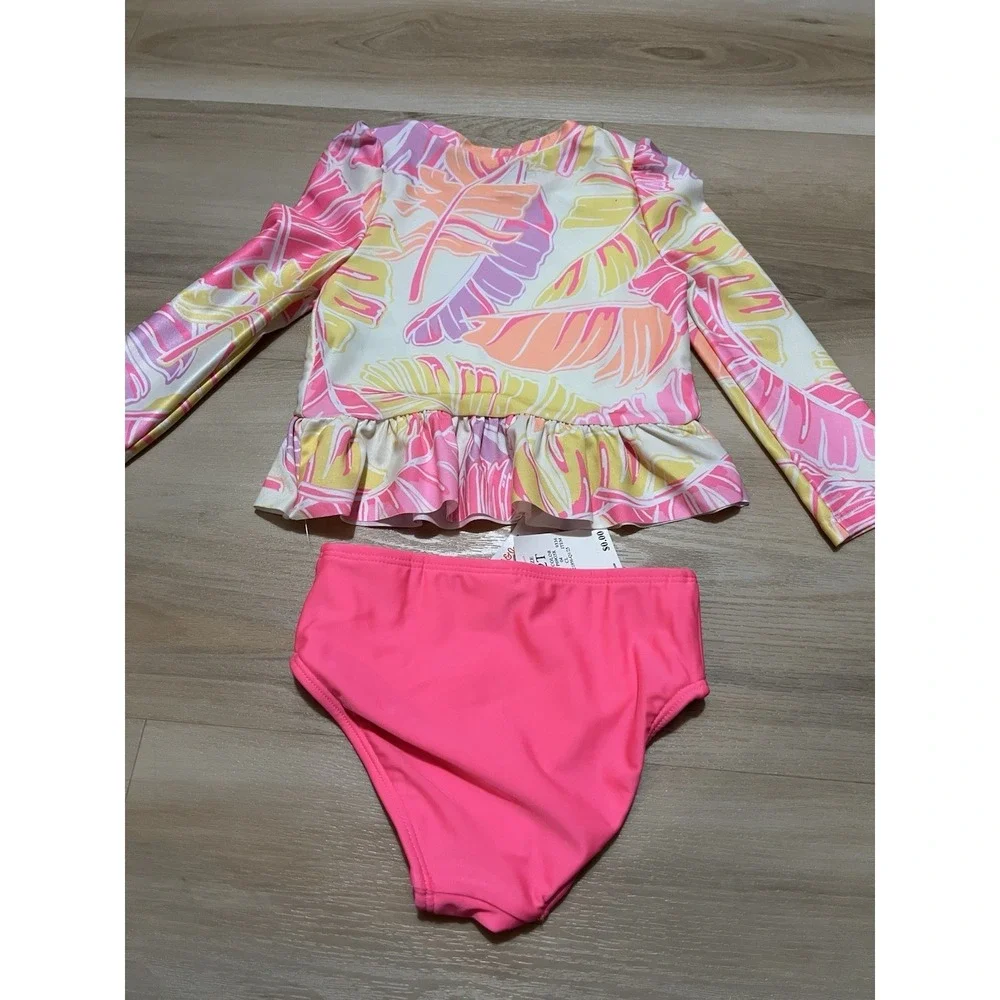Girls Cat & Jack 2 Piece Swim Suit, Long Sleeve‎ Floral Bright Pink Print 2T